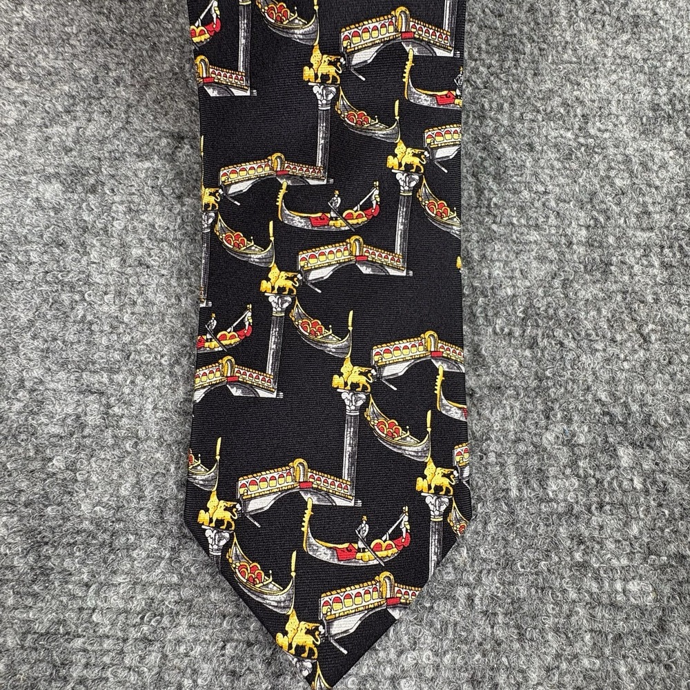 VTG Y2K Fabris Venezia Italy Tie Silk Gondolas Black Venetian Travel Novelty Art